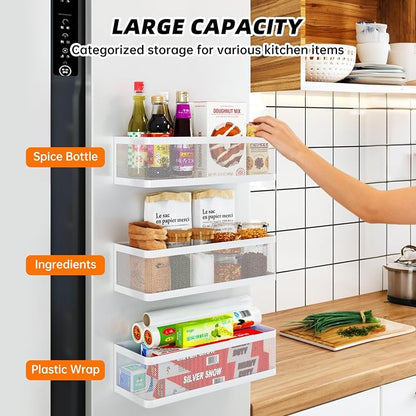 3 Pack Magnetic Spice Rack for Refrigerator, Heavy Duty White Metal Fridge Organizers & Storage Baskets, Multi-use Magnetic Shelves for Kitchen Organization, Pantry, Laundry Room & Bathroom Storage