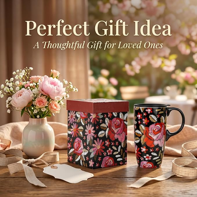 Topadorn 17oz Ceramic Travel Mug with Lid and Handle, Black Floral Coffee Cup, Embroidered Rose Style Mug, Microwave & Dishwasher Safe, Gift Box Included