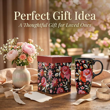 Topadorn 17oz Ceramic Travel Mug with Lid and Handle, Black Floral Coffee Cup, Embroidered Rose Style Mug, Microwave & Dishwasher Safe, Gift Box Included
