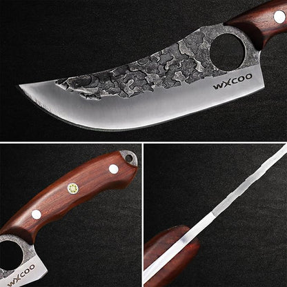 Hand Forged 3-Piece Knife Set High Carbon SteelKitchen Knives Meat Boning Cleaver Cheese Knife Professional Butcher Hunting Fish Fruit Viking Knife with Sheath for Hiking, Camping, Fishing, BBQ