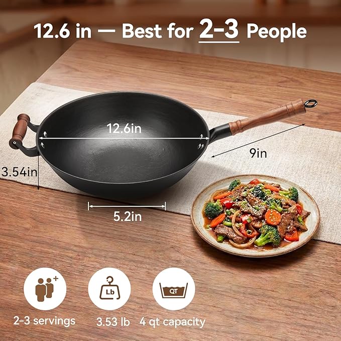 WANGYUANJI 12.6" Cast Iron Wok with Wood Lid, Traditional Uncoated Flat Bottom Chinese Stir Fry Pan, Heavy Duty Hand-Cast Wok for Induction, Gas & Glass Top Stoves (4 Qt)