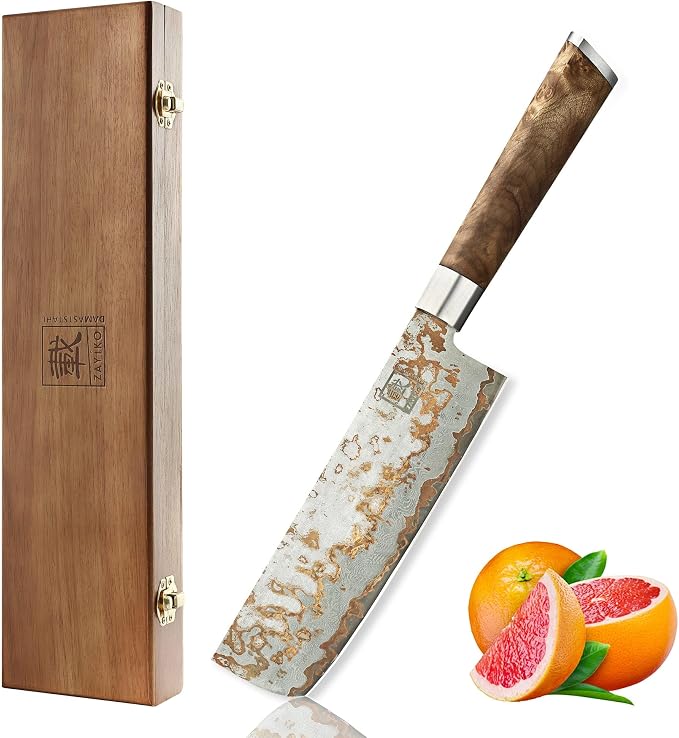 zayiko Damascus Nakiri Knife 6.7 Inch, VG10 Core Vegetable Knife for Chopping, Slicing & Dicing, 67-Layer Copper Damascus Steel, Maple Root Wood Handle, Wooden Gift Box