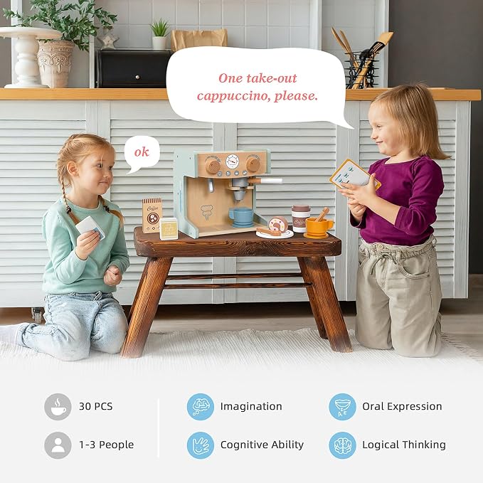 OOOK 2-in-1 Wooden Coffee Maker Set for Kids, 28Pcs Pretend Play Coffee Shop Toys with Play Kitchen Accessories & Food Toys, Birthday Gift for Girls Boys Age 3+