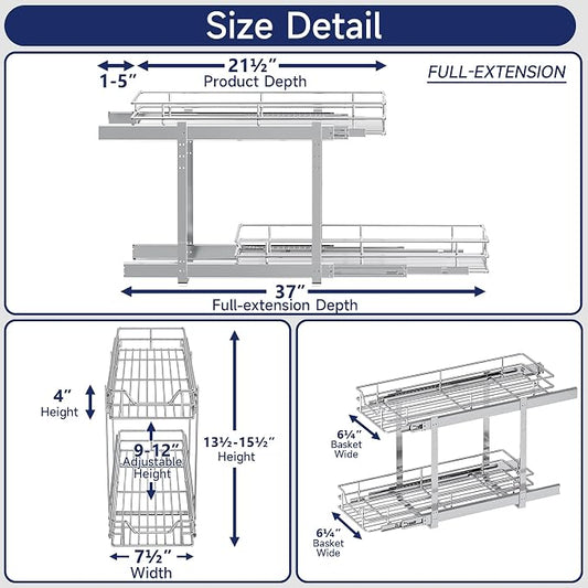 2-Tier Pull Out Cabinet Organizer, 7.5" W x 21.5" D, Heavy Duty Dual Slide Out Shelves for Narrow Base Cabinets, Chrome Wire Basket Drawer for Spices, Bottles & Snacks