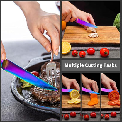 WELLSTAR Steak Knives Set of 8 with Wood Block, 4.75 Inch Rainbow Serrated Steak Knife Set, Razor Sharp German Stainless Steel with Full Tang Handle, Space Saving Steak Knife Set