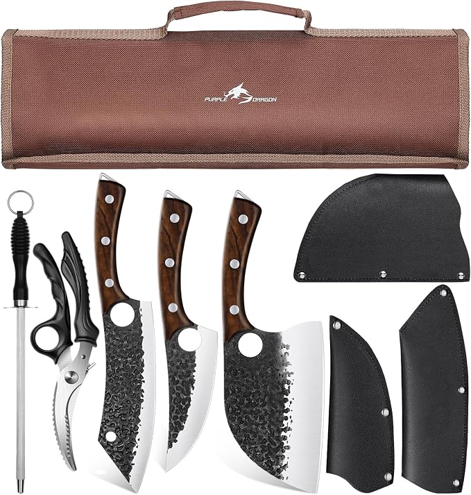 Purple Dragon Butcher Knife Set - 9 Pcs Chef Knife Set - Hand Forged Serbian Chef Knives - Meat Cleaver Boning Viking Knives with Roll Bag - Gift for Men and Women