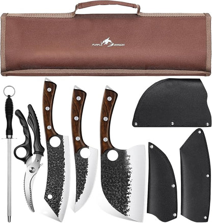 Purple Dragon Butcher Knife Set - 9 Pcs Chef Knife Set - Hand Forged Serbian Chef Knives - Meat Cleaver Boning Viking Knives with Roll Bag - Gift for Men and Women