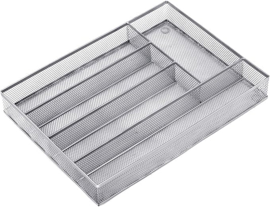 Neudeco Silverware Drawer Organizer, Silver, 5 Compartment | Mesh Wire, Non-Slip Feet, Cutlery Tray, Flatware Storage Divider