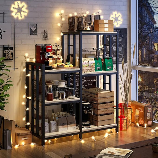 METYERRY6-Tier Adjustable Mini Fridge Cabinet With Power Outlet,Kitchen Bakers Rack With storage,Mini Fridge And Microwave Stand,Coffee Bar, Free Standing Shelf for Kitchen, Home Office,Balcony,Greige