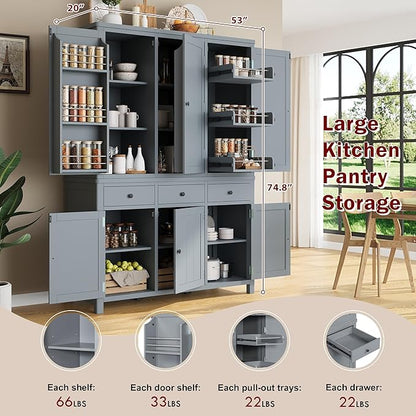 74.8''H High Freestanding Kitchen Pantry, Wooden Kitchen Organizers Cupboard Storage Cabinet with Door Shelves, Adjustable Shelves, Pull-out Trays and Drawers for Dining Room Living Room (Gray-2.12)