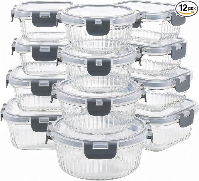 Glass Food Storage Containers with Lids, 12 Piece Glass Meal Prep Containers Set, Airtight Leakproof Snap Lock Lids, BPA-Free, Freezer Microwave Oven Dishwasher Safe, Ribbed Glass Containers