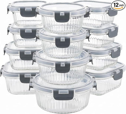 Glass Food Storage Containers with Lids, 12 Piece Glass Meal Prep Containers Set, Airtight Leakproof Snap Lock Lids, BPA-Free, Freezer Microwave Oven Dishwasher Safe, Ribbed Glass Containers