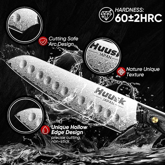 Huusk Damascus Santoku Knife 7 inch, Japanese Knives with Sharp Edge and Wooden Handle Hand Forged Chef Knives for Home Use, Meat Vegetables Fish Knives, Christmas Gift for Men and Women