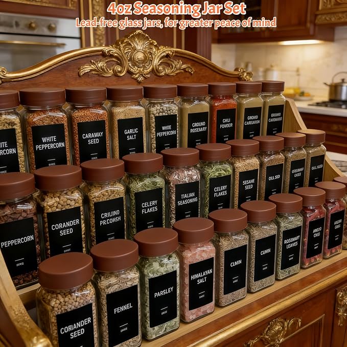 Spice Jars with Labels - 24 Glass Spice with Shaker Lids & Airtight Plastic Caps - 4oz Complete Seasoning Containers Organizer Set for Cabinet, Drawer & Rack (Brown)