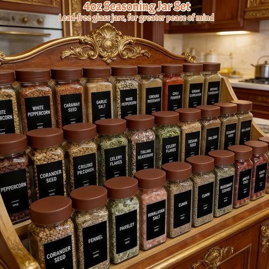 Spice Jars with Labels - 24 Glass Spice with Shaker Lids & Airtight Plastic Caps - 4oz Complete Seasoning Containers Organizer Set for Cabinet, Drawer & Rack (Brown)