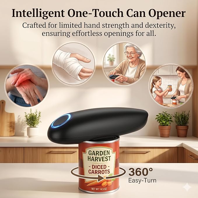Electric Can Opener, One-Touch Automatic Handheld Can Opener with Smooth Edge, Kitchen Gadget for Seniors with Arthritis,Black