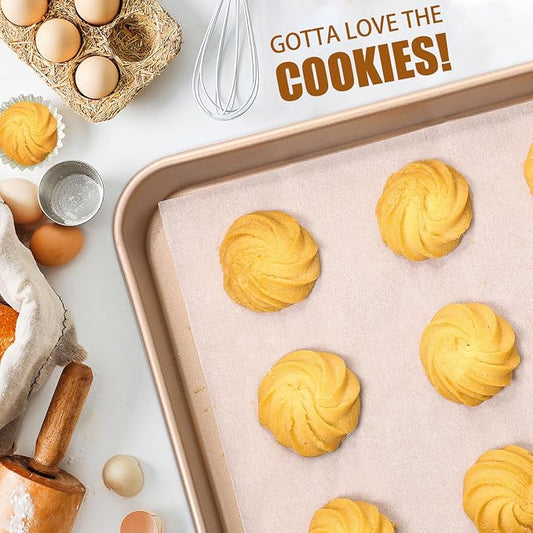 2 Pack 14 X 10 Inches Quality Baking Sheet Pan, Slick Carbon Steel Baking Sheet Set, Warp Resistant Nonstick Cookie Baker's Half Sheets for Baking, Roasting, Gold