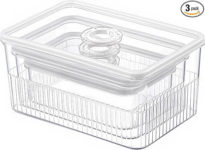 Fridge Food Fruit Storage Container Bin with lid, Refrigerator food vegetable Organizer Fresh Keeper Container with timer lid Fruit Vegetables storage bin For fridge (0.9L+1.8L+3.4L)