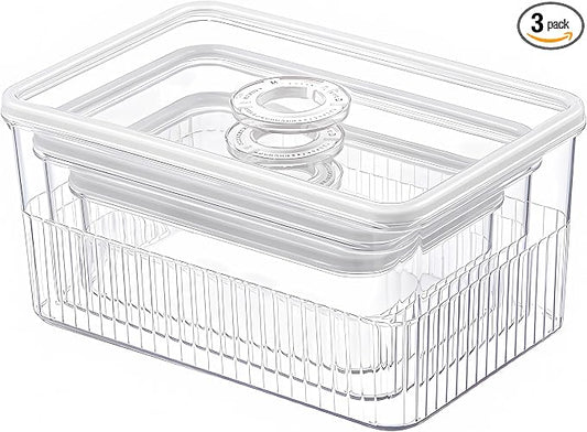 Fridge Food Fruit Storage Container Bin with lid, Refrigerator food vegetable Organizer Fresh Keeper Container with timer lid Fruit Vegetables storage bin For fridge (0.9L+1.8L+3.4L)