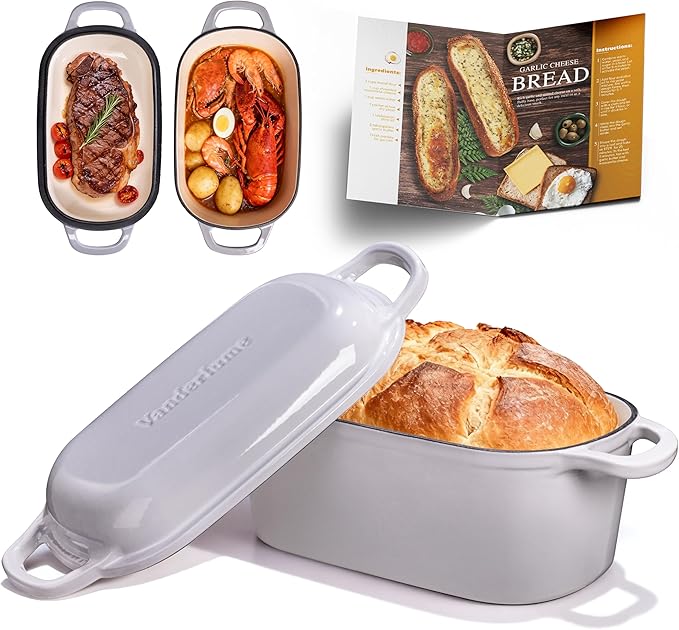 4.6-Quart Oval Dutch Oven for Bread Baking, 2 in 1 Cast Iron Bread Pan with Lid, Sourdough Baking Pan for a Crispy Crust, Oyster Grey