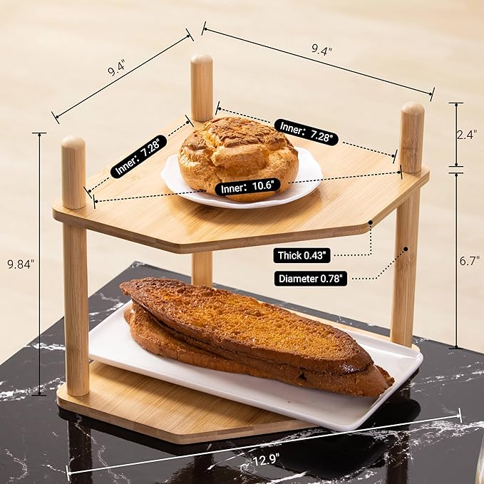 2-Tier Expandable Bamboo Corner Shelf - Dish/Plate Organizer for Cabinet, Kitchen Counter Shelf & Small Kitchen Shelf, Adjustable (6.7" H-Natural, 2-Tier)