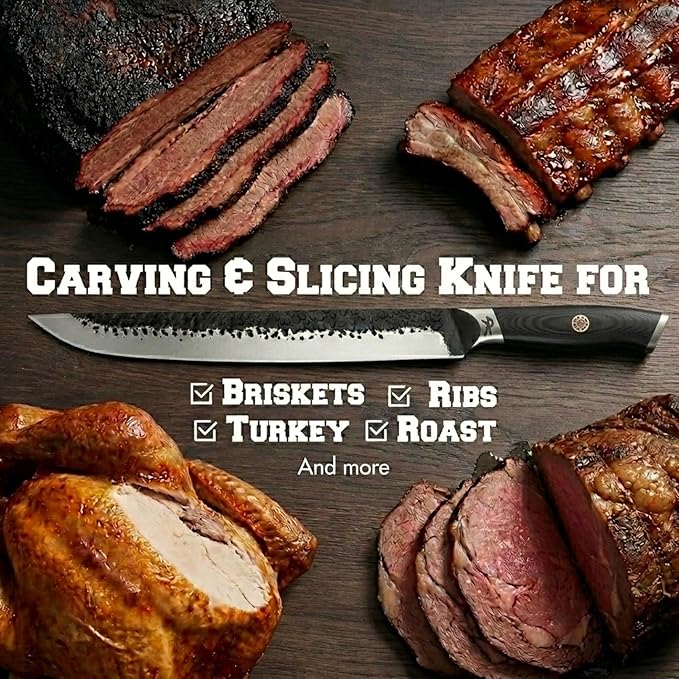 Kitchen perfection 12" Handmade Brisket Knife, Meat Cutting Carving & Slicing BBQ Knife For Men – Insanely Sharp San Mai Steel, W/Leather Sheath Premium Ergonomic Handle, Best Grilling Gifts for Men