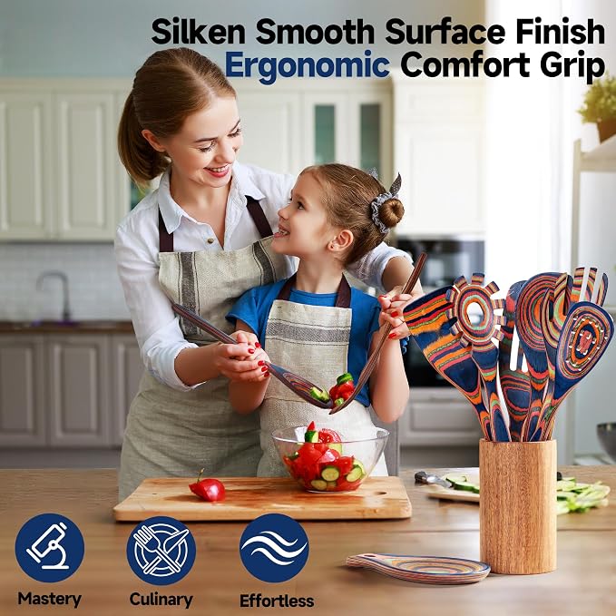 Pakkawood Blue Wooden Kitchen Utensil Set, 7-Piece Cooking Spoons, Non-Stick Colorful Serving Tools with Decorative Pattern