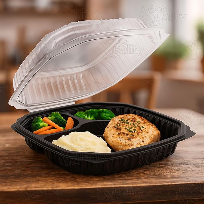 EcoQuality 9x9x3 Inch 3 Compartment Black Hinged Takeout Containers with Clear Lids Food Storage Clamshell for Meal Prep, Restaurant, Catering, and Takeout Packaging (60)