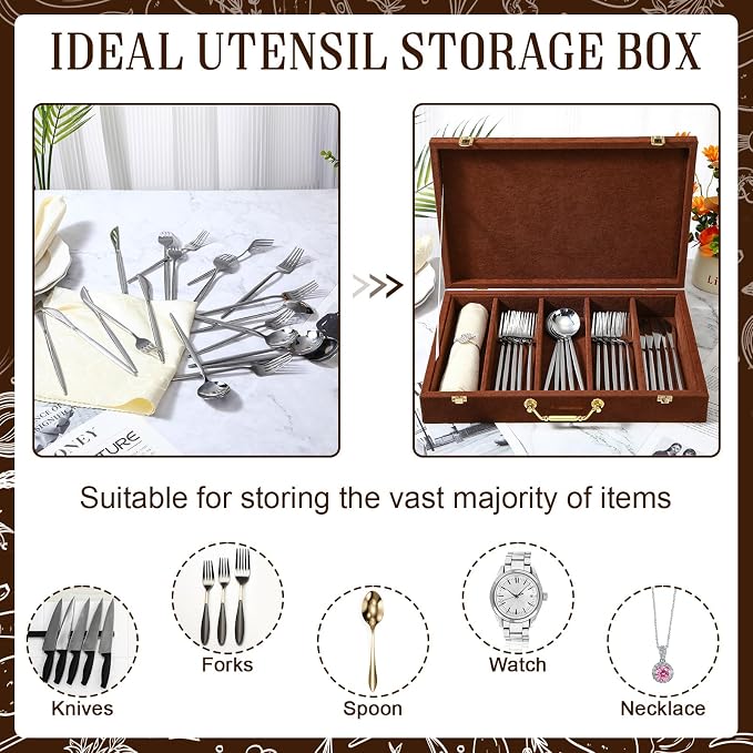 Pickmesh Silverware Case with Lid and Handle, Silverware Storage Box Sterling Silver Flatware Chest Without Silver Tarnish Proof Utensils Organizer for Kitchen Decor Wedding Gifts(Coffee,1 Layer)