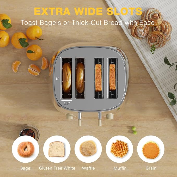 Anfilank Toaster 4 Slice,Retro Stainless Steel Toaster with Extra Wide Slots, Dual Independent Control Panel, Cancel, Bagel, Defrost Function, Removable Crumb Tray (Silver)