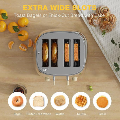 Anfilank Toaster 4 Slice,Retro Stainless Steel Toaster with Extra Wide Slots, Dual Independent Control Panel, Cancel, Bagel, Defrost Function, Removable Crumb Tray (Silver)