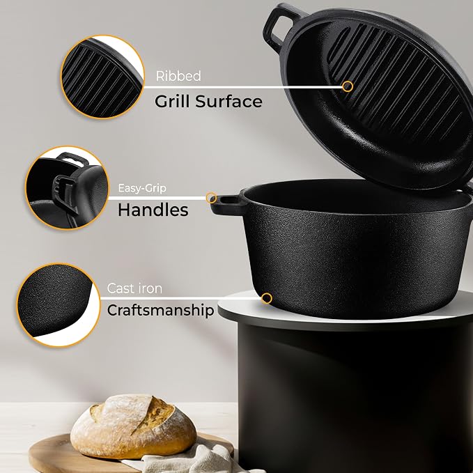 KICHLY Cast Iron Dutch Oven with Dual Purpose Skillet Lid, 5.QT Cast Iron Pot with 10.6 in Griddle Pan, Pre-Seasoned Heavy Duty Pot for Bread Baking, Roasting, Braising & Outdoor Camping Cooking, Black
