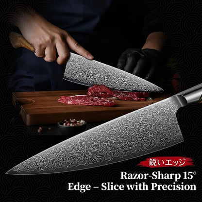 TIVOLI Damascus Chef Knife – Japanese VG-10 Professional Kitchen Knife for Meat and Vegetables with Ergonomic Olive Wood Handle, Gift Box Included, Ideal Gift for Dad & Mom