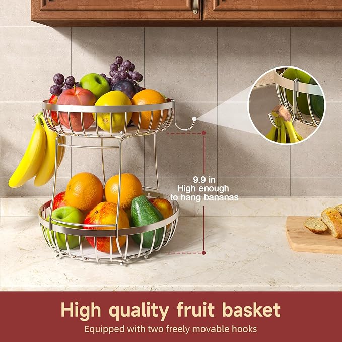 Sevenblue 2 Tier Fruit Basket for Kitchen Counter with 2 Banana Hangers, Metal Stackable Fruit Bowl for Kitchen Counter for Bread Vegetable Fruits, Silvery