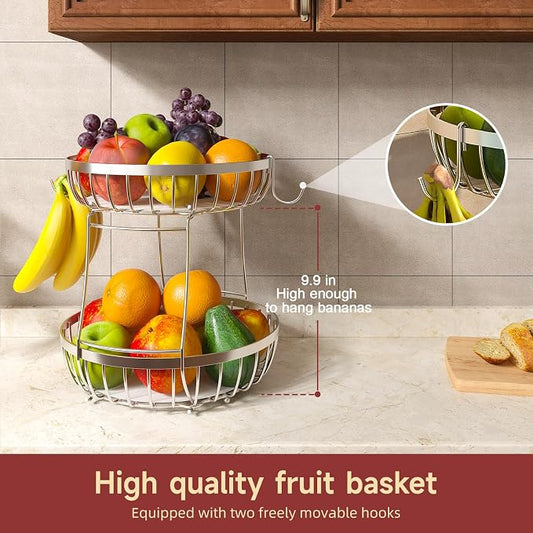 Sevenblue 2 Tier Fruit Basket for Kitchen Counter with 2 Banana Hangers, Metal Stackable Fruit Bowl for Kitchen Counter for Bread Vegetable Fruits, Silvery