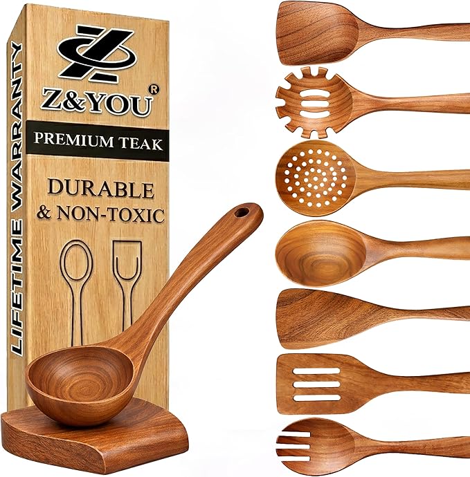9-Piece Teak Wooden Utensil Set – Wooden Spoons for Cooking with Spoon Rest, Wooden Spatula, and Non Toxic Cooking Utensils – Premium Kitchen Utensils Set for Daily Use
