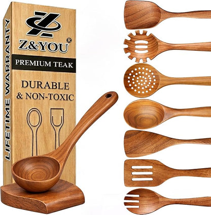 9-Piece Teak Wooden Utensil Set – Wooden Spoons for Cooking with Spoon Rest, Wooden Spatula, and Non Toxic Cooking Utensils – Premium Kitchen Utensils Set for Daily Use