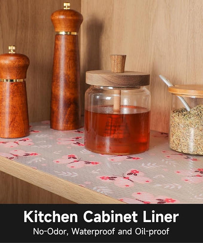 Shelf Liner for Kitchen Cabinets - Non-Adhesive Waterproof and Oil-Proof Drawer Liner, Reusable Protector for Dresser, Wire Shelf, Cupboards(Pink Butterfly, 17.7" W x 360" L)