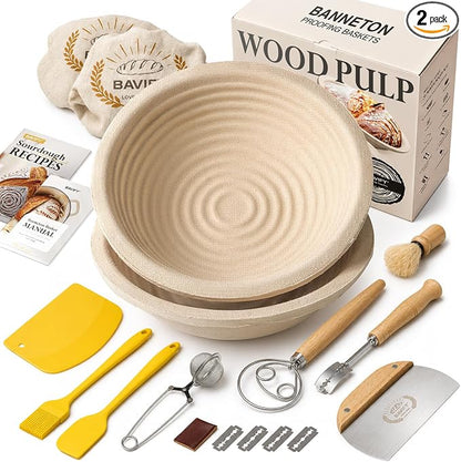 Wood Pulp Banneton Bread Proofing Baskets, 9" Round Sourdough Basket | 2.2LB Capacity, Sourdough Kit with Linen Covers, Dough Whisk, Scraper, Bread Lame & Flour Dredger