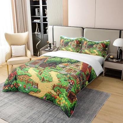 Full Size Duvet Cover Set Rustic Country 100% Pure Cotton Bedding Set Pixel Style Log Cabin Comforter Cover 3 PCS Building Video Games Quilt Cover Luxury Soft,Comforter Not Included