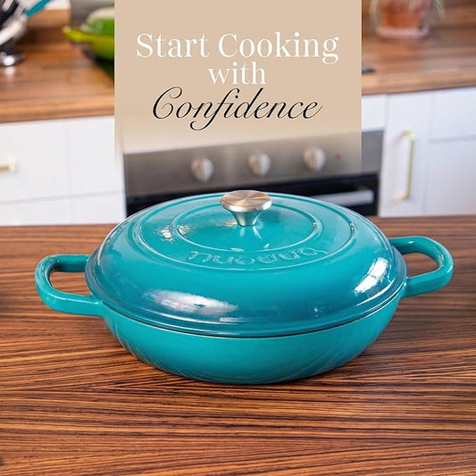 Shallow Cast Iron Casserole with Lid – Non Stick Dutch Oven Pot, Oven Safe up to 500° F – Sturdy Ovenproof Stockpot Cookware – Enamelled Cooking Pot – Teal, 5-Quart, 32cm – by Nuovva