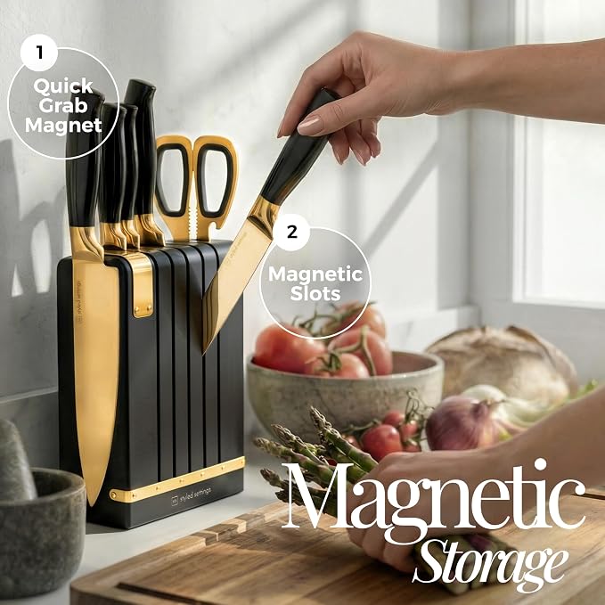 Black and Gold Knife Set - Knife Set with Magnetic Block, Knife Set with Block and Sharpener, Space Saving Convertible In Drawer Knife Block, German Stainless Steel Kitchen Knives