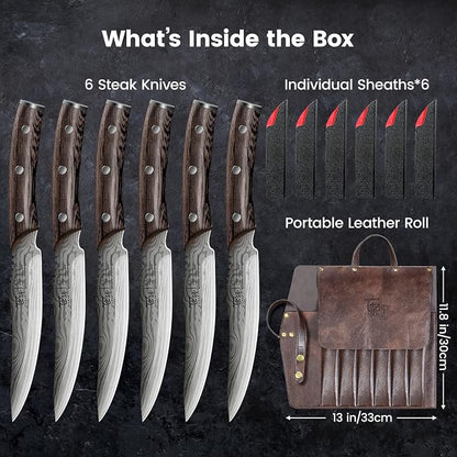 SYOKAMI Steak Knives Set of 6 with Portable Leather Roll & Individual Sheaths, 4.8 Inch Non Serrated Dinner Knives, High Carbon Stainless Steel, Full Tang Wood Handle, Gift Box for BBQ Outdoor Dining