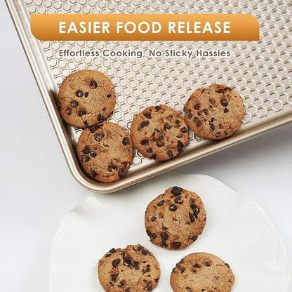 Baking Sheet Pan Set of 3, Nonstick Carbon Steel Cookie Sheets with Texture, Commercial Half/Quarter/Jelly Roll Pans Replacement Toaster Oven Tray, Heavy Duty & Easy Clean, Champagne Gold