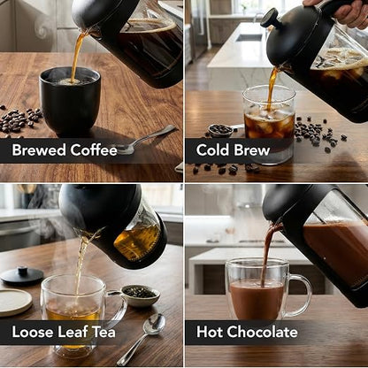 OVENTE French Press Coffee Maker 34 Ounce with Heat Resistant Borosilicate Glass & Stainless Steel 4-Level Filtration System, Portable Cold Brew Coffee Maker for Travel, Camping or Gift, Black FPB34B