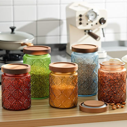 Outus 5 Pcs 23.7 oz, 33.8 oz Vintage Glass Jar with Lids Colored Glass Canisters Jars with Airtight Wooden Lids for Kitchen Counter Flour Sugar Cookie Coffee Tea Storage Containers