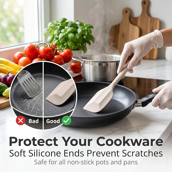 LIANYU Non-Toxic Silicone Kitchen Utensils Set, 8 Piece Non-Scratch Cooking Spoons & Spatulas, Stainless Steel Core, Heat Resistant & Dishwasher Safe, Khaki