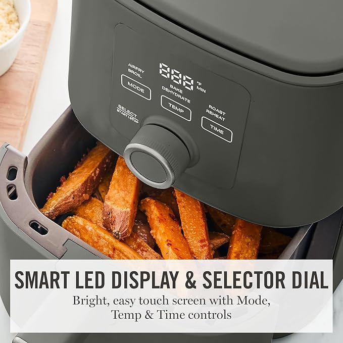 Martha Stewart 6QT Air Fryer, 6-in-1, Bake, Broil, Roast, Air Fry, Dehydrate, Reheat, Ceramic Non-Stick Basket, Crispy Results Fast, 400°F Max Temp, Shake Reminder, Caviar Gray
