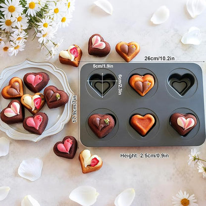 6 Cup Valentines Heart Shape Muffin Cupcake Pan Nonstick Cheesecake Brownie Cookie Cake Baking Tin Tray Mold, for Christmas Birthday Anniversary Wedding