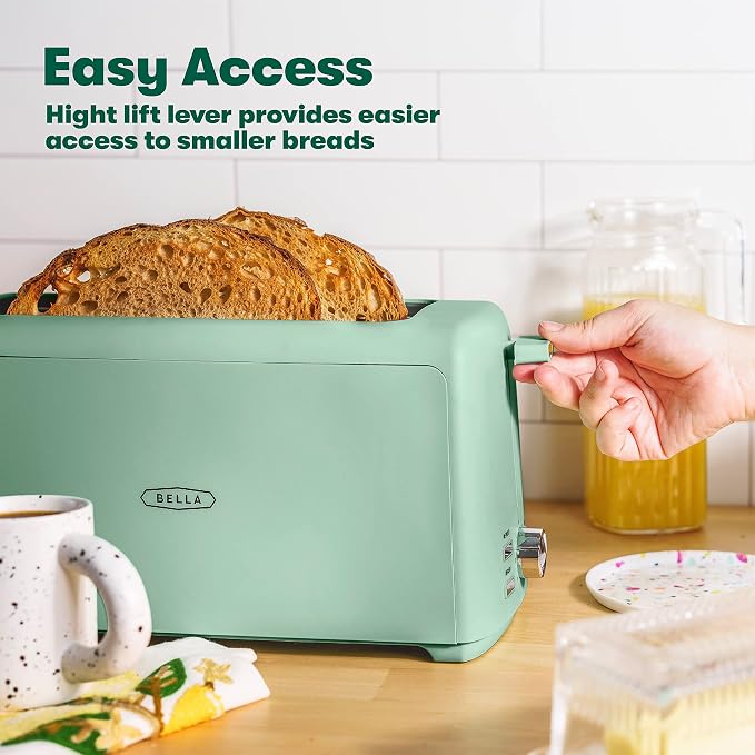 BELLA 4 Slice Toaster, Long Slot & Removable Crumb Tray - 7 Shading Options with Auto Shut Off, Cancel & Reheat Button - Toast Bread & Bagel, Sage